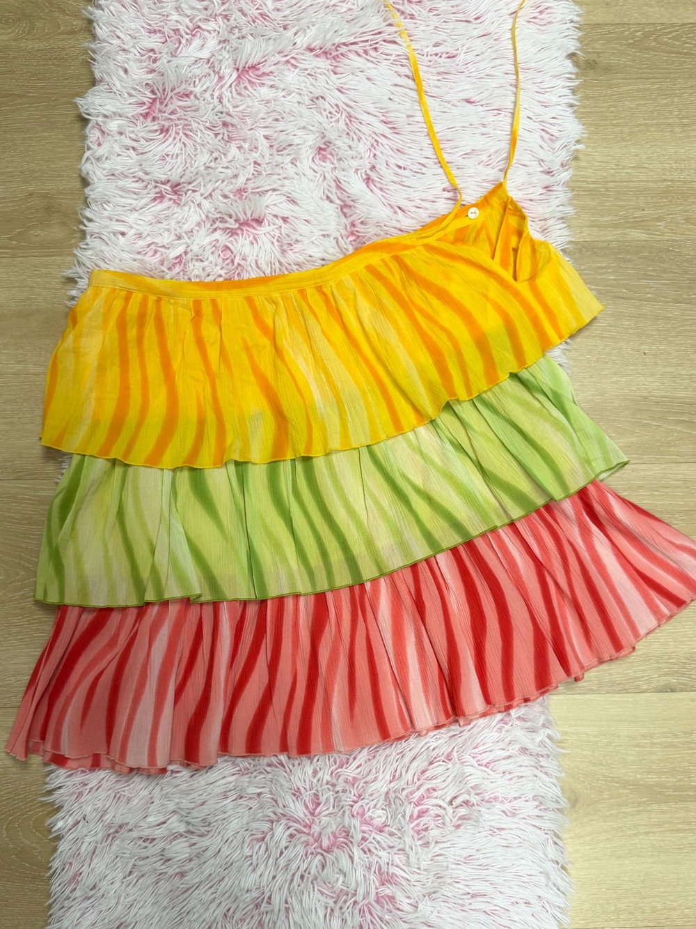Agnes B. Paris Yellow pink green stripes tiered Cotton mini skirt vacation M